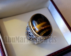 Tiger eye men ring sterling silver 925 cat eye 14 k plated frame natural stone any size ottoman turkish middle eastern arabic jewelry