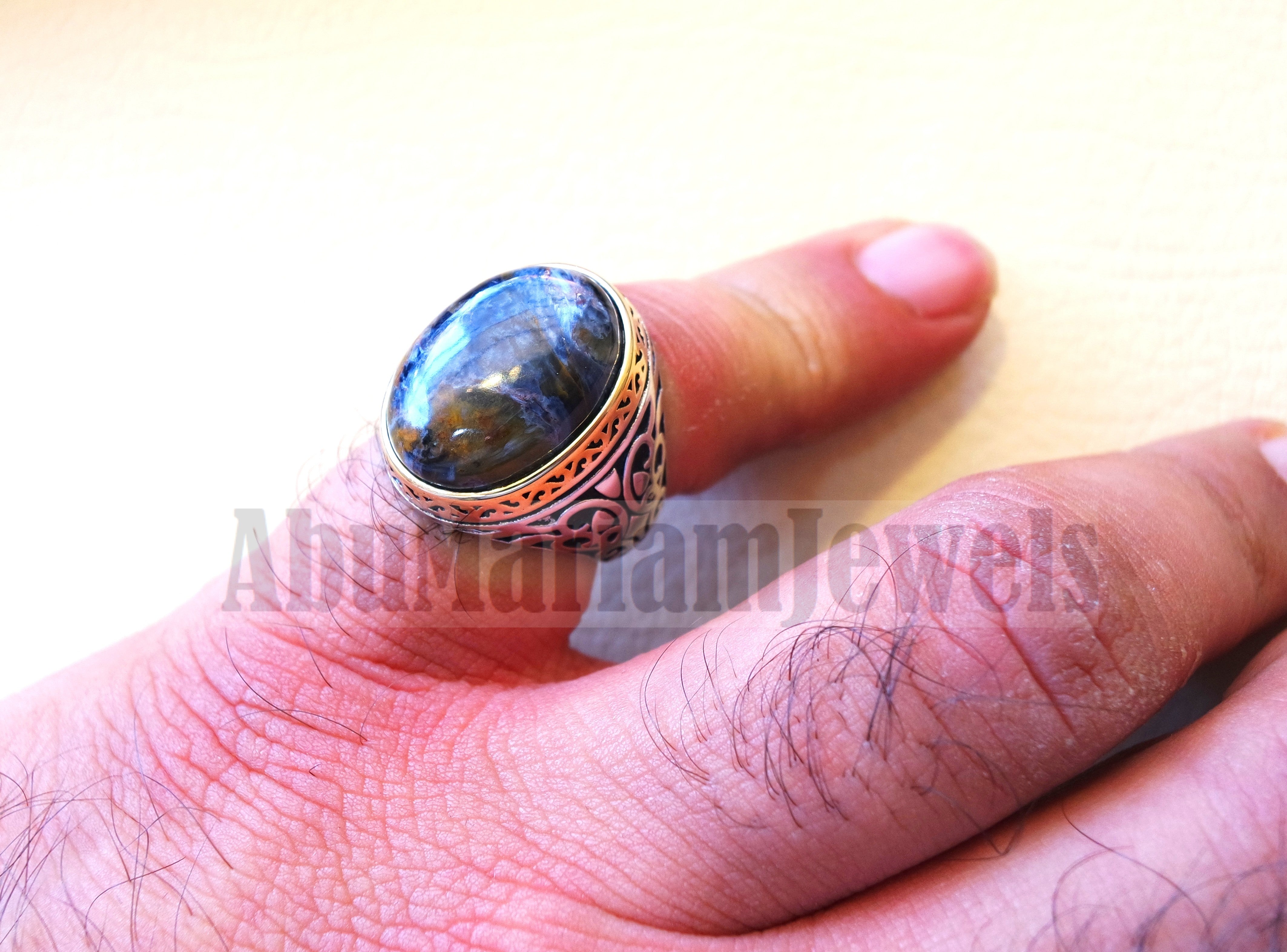 man ring pietersite natural stunning tempest stone sterling silver 925 14k gold plated frame oval cabochon multi color all sizes jewelry