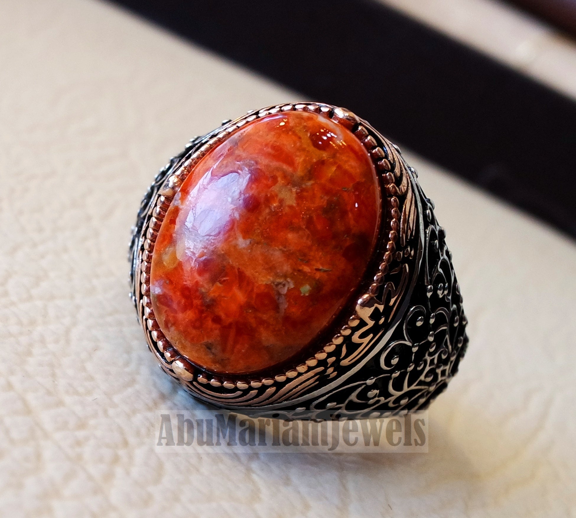 Sponge coral Murjan moonga men ring orange brown red natural stone sterling silver 925 vintage two color all sizes fast shipping مرجان