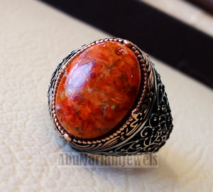 Sponge coral Murjan moonga men ring orange brown red natural stone sterling silver 925 vintage two color all sizes fast shipping مرجان