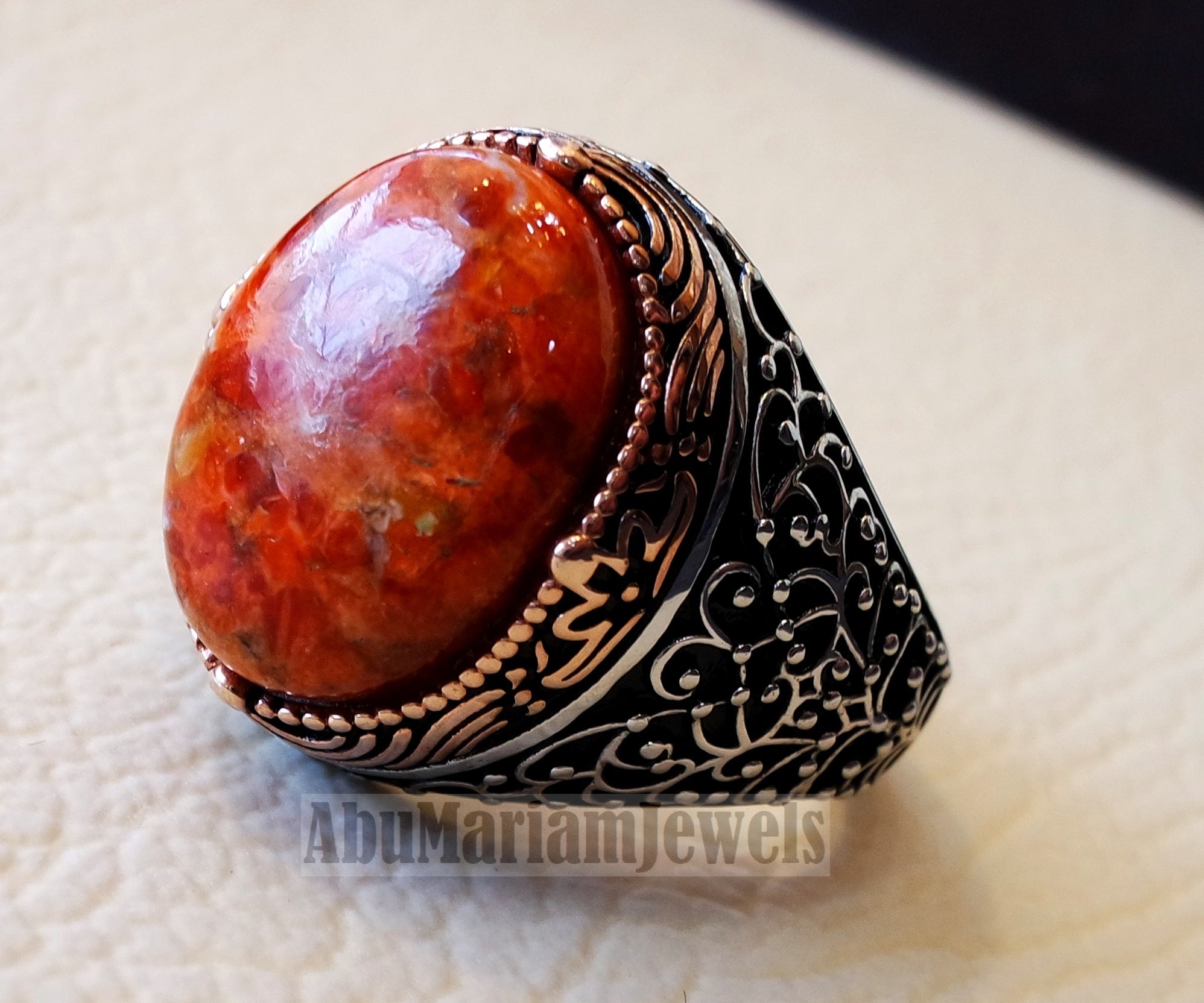Sponge coral Murjan moonga men ring orange brown red natural stone sterling silver 925 vintage two color all sizes fast shipping مرجان