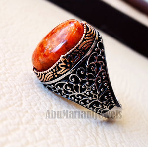 Sponge coral Murjan moonga men ring orange brown red natural stone sterling silver 925 vintage two color all sizes fast shipping مرجان