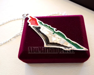 Huge heavy Palestine map & flag pendant with thick chain sterling silver 925 enamel colorful jewelry arabic fast shipping خارطه و علم فلسطين