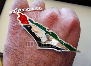 Huge heavy Palestine map & flag pendant with thick chain sterling silver 925 enamel colorful jewelry arabic fast shipping خارطه و علم فلسطين