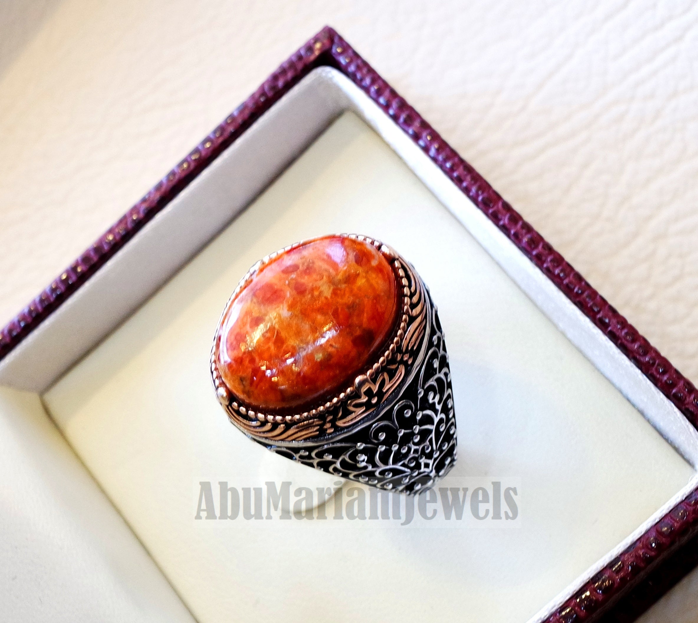 Sponge coral Murjan moonga men ring orange brown red natural stone sterling silver 925 vintage two color all sizes fast shipping مرجان