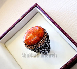 Sponge coral Murjan moonga men ring orange brown red natural stone sterling silver 925 vintage two color all sizes fast shipping مرجان