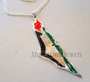 Huge heavy Palestine map flag pendant with thick chain 2 sterling silver 925 enamel colorful jewelry arabic fast shipping خارطه و علم فلسطين