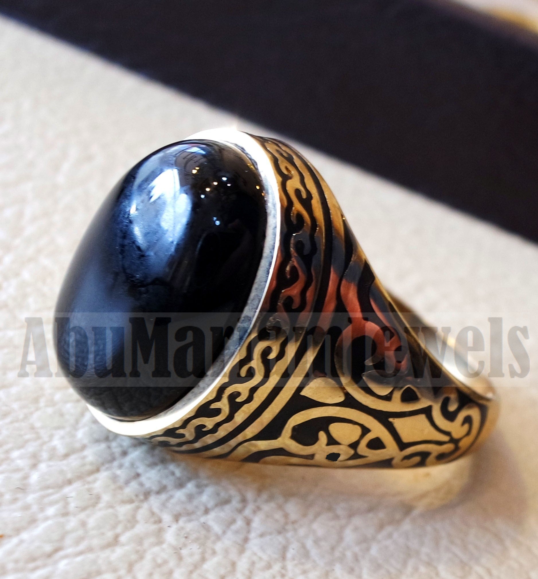 18k gold men ring black onyx cabochon high quality natural stone all sizes Ottoman signet style fine jewelry fast shipping