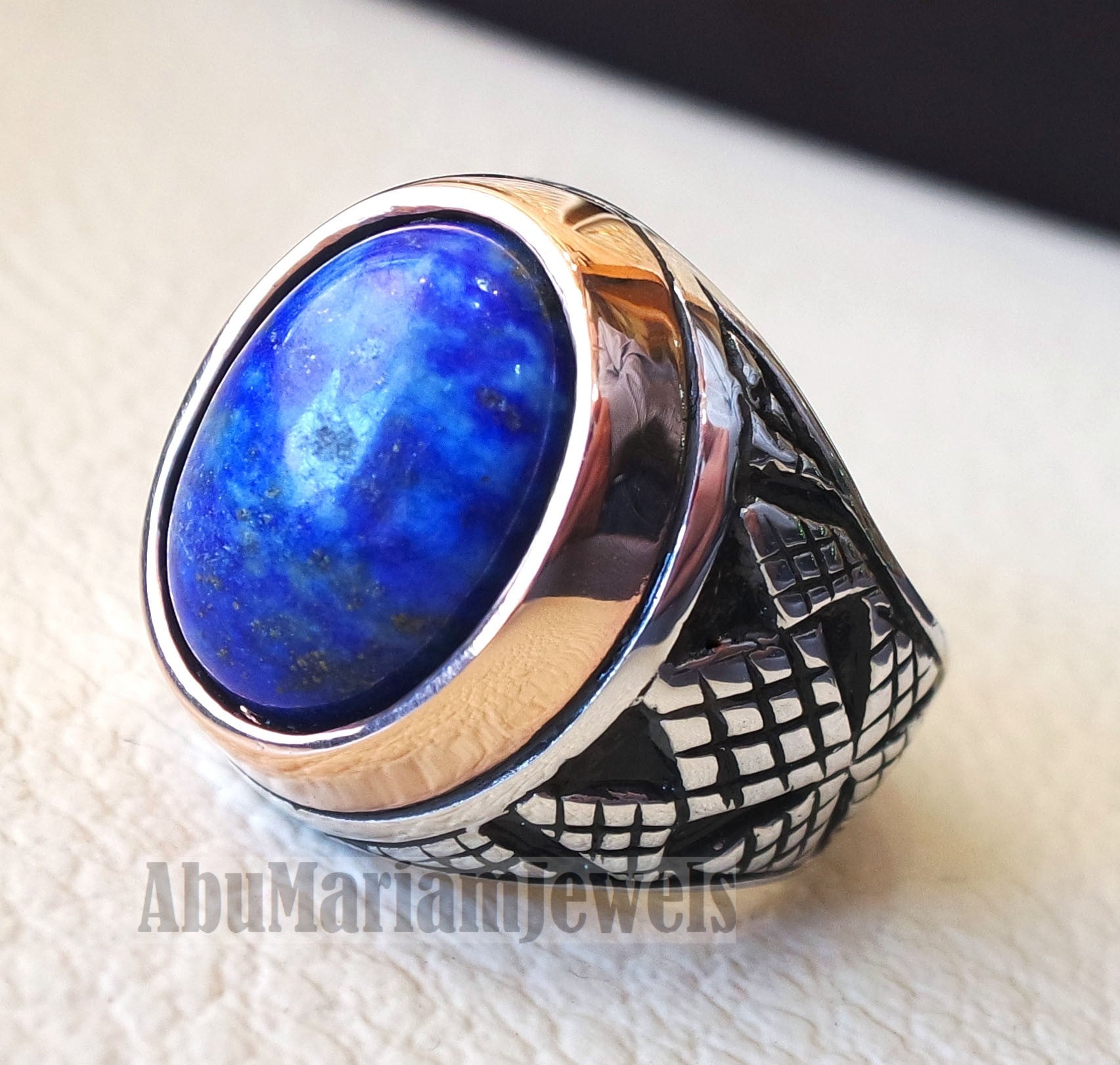 lapis lazuli oval cabochon natural blue stone ring bronze and sterling silver 925 men jewelry all sizes 16 * 12 mm ottoman middle eastern