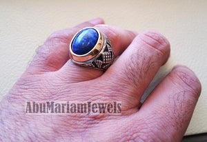 lapis lazuli oval cabochon natural blue stone ring bronze and sterling silver 925 men jewelry all sizes 16 * 12 mm ottoman middle eastern