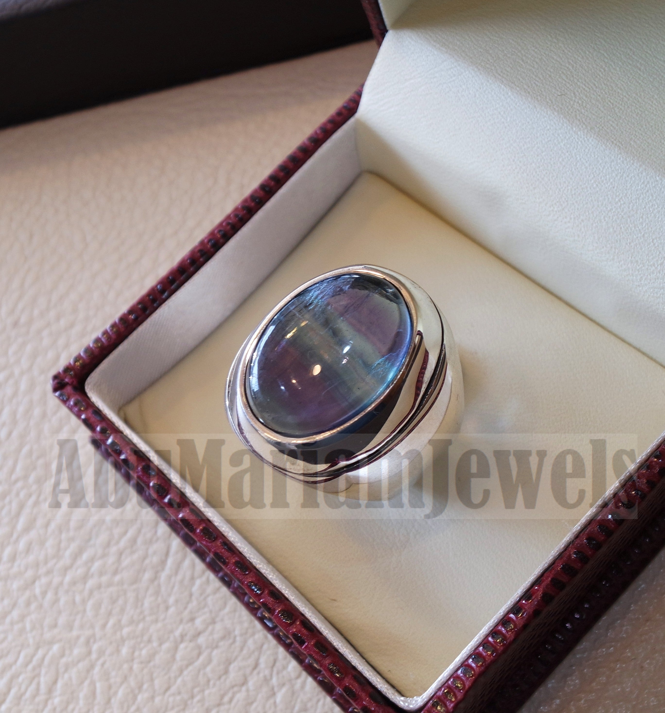 natural multi color fluorite purple blue green huge men ring sterling silver 925 unique stone all sizes jewelry fast shipping style