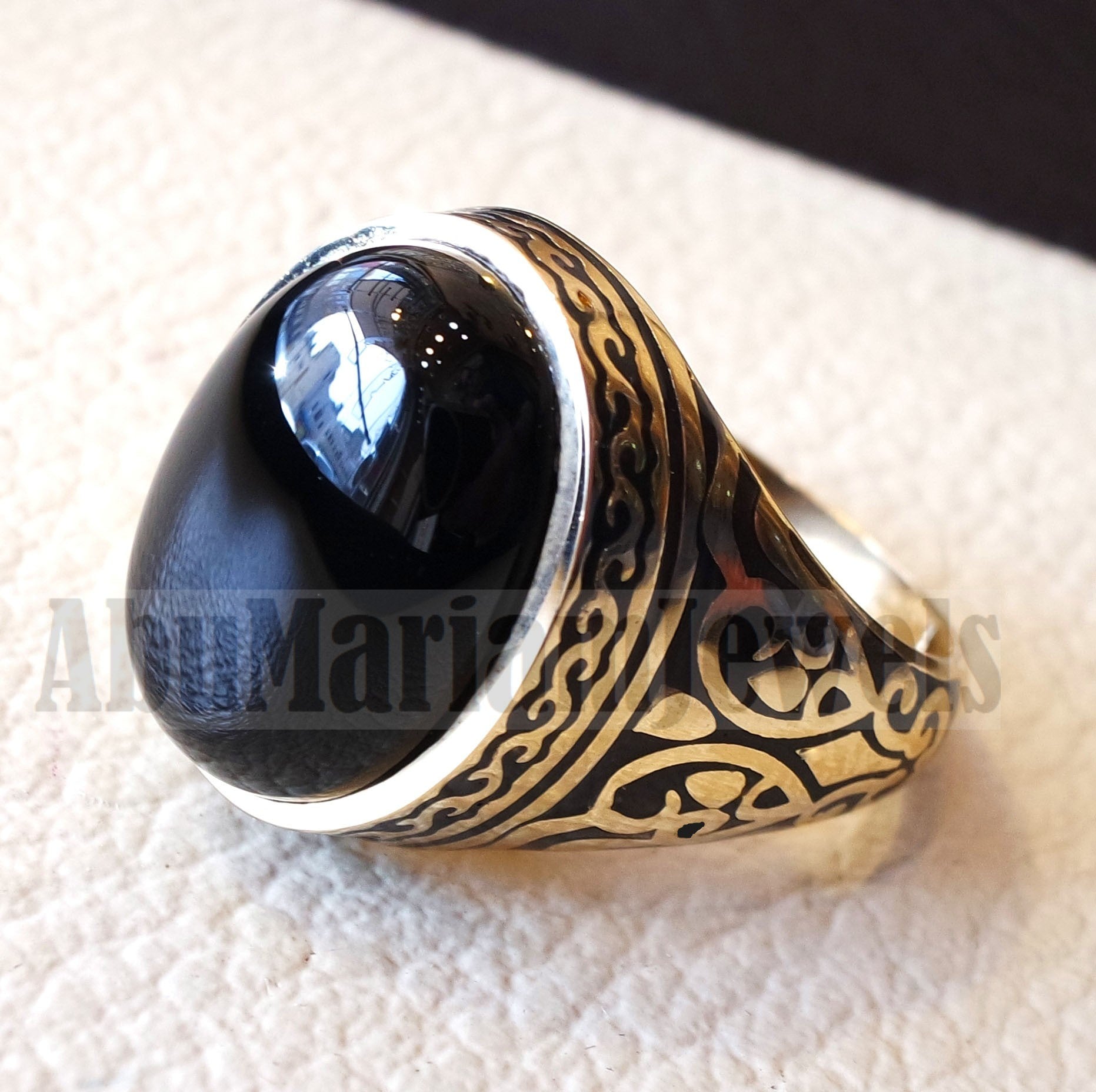 18k gold men ring black onyx cabochon high quality natural stone all sizes Ottoman signet style fine jewelry fast shipping