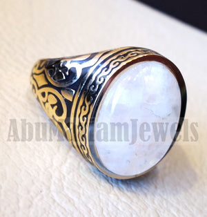 18k gold men ring moonstone cabochon high quality flashy white natural stone all sizes Ottoman signet style fine jewelry fast shipping