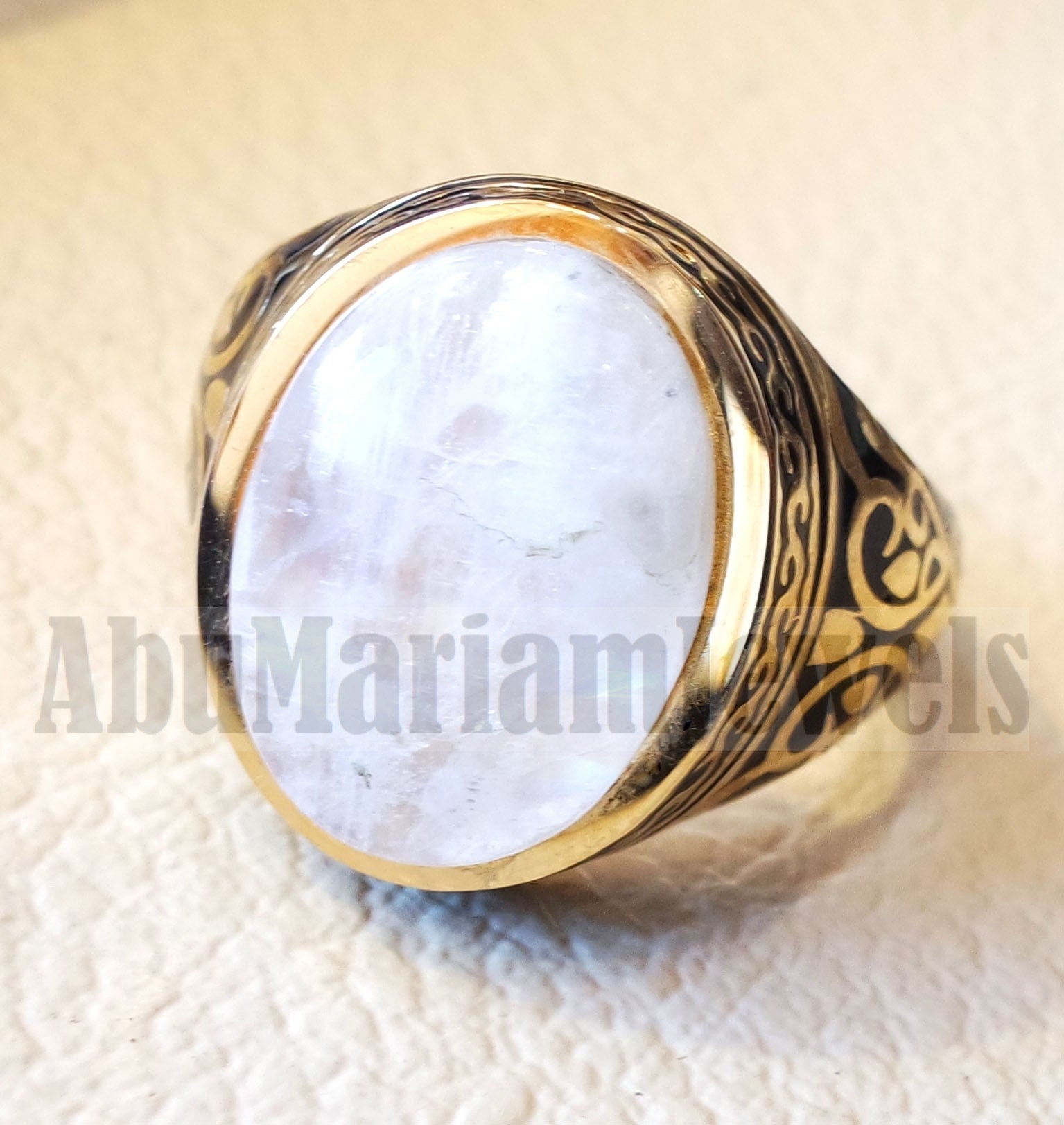 18k gold men ring moonstone cabochon high quality flashy white natural stone all sizes Ottoman signet style fine jewelry fast shipping