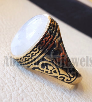 18k gold men ring moonstone cabochon high quality flashy white natural stone all sizes Ottoman signet style fine jewelry fast shipping