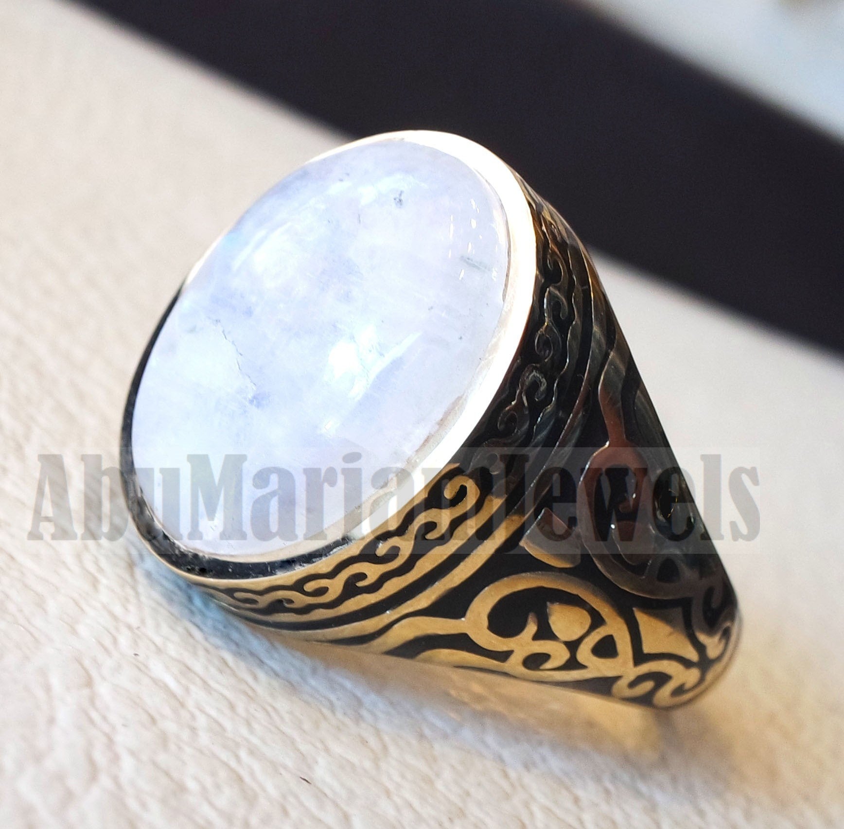 18k gold men ring moonstone cabochon high quality flashy white natural stone all sizes Ottoman signet style fine jewelry fast shipping