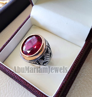ruby identical synthetic stone high quality imitation corundum red color 16 x 12 men ring sterling silver 925 all sizes bronze frame jewelry