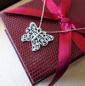 Butterfly necklace sterling silver 925 nano turquoise cubic zircon stones high quality chain