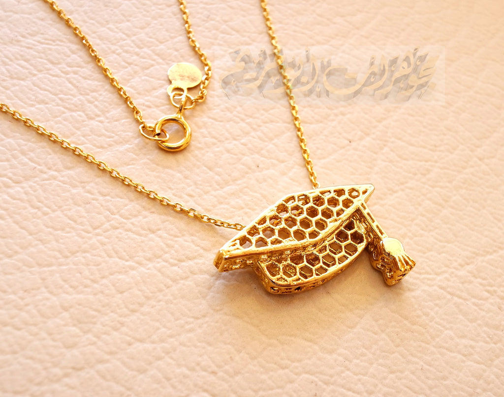 Honeycomb graduate hat cap graduation gift 3d 18K yellow gold necklace pendant and chain fine jewelry full insured shipping