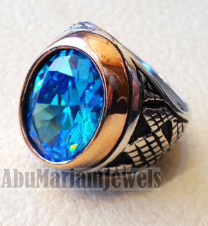 deep vivid sky blue cubic zircon oval 12 x 16 stone highest quality stone sterling silver 925 men ring and bronze frame all sizes jewelry