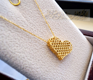 Honeycomb heart 3d 18K yellow gold necklace pendant and chain fine jewelry full insured shipping