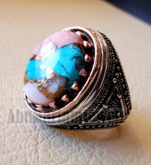 Copper pink Opal Turquoise blue natural stone ring sterling silver 925 men jewelry all sizes semi gem highest quality middle eastern style