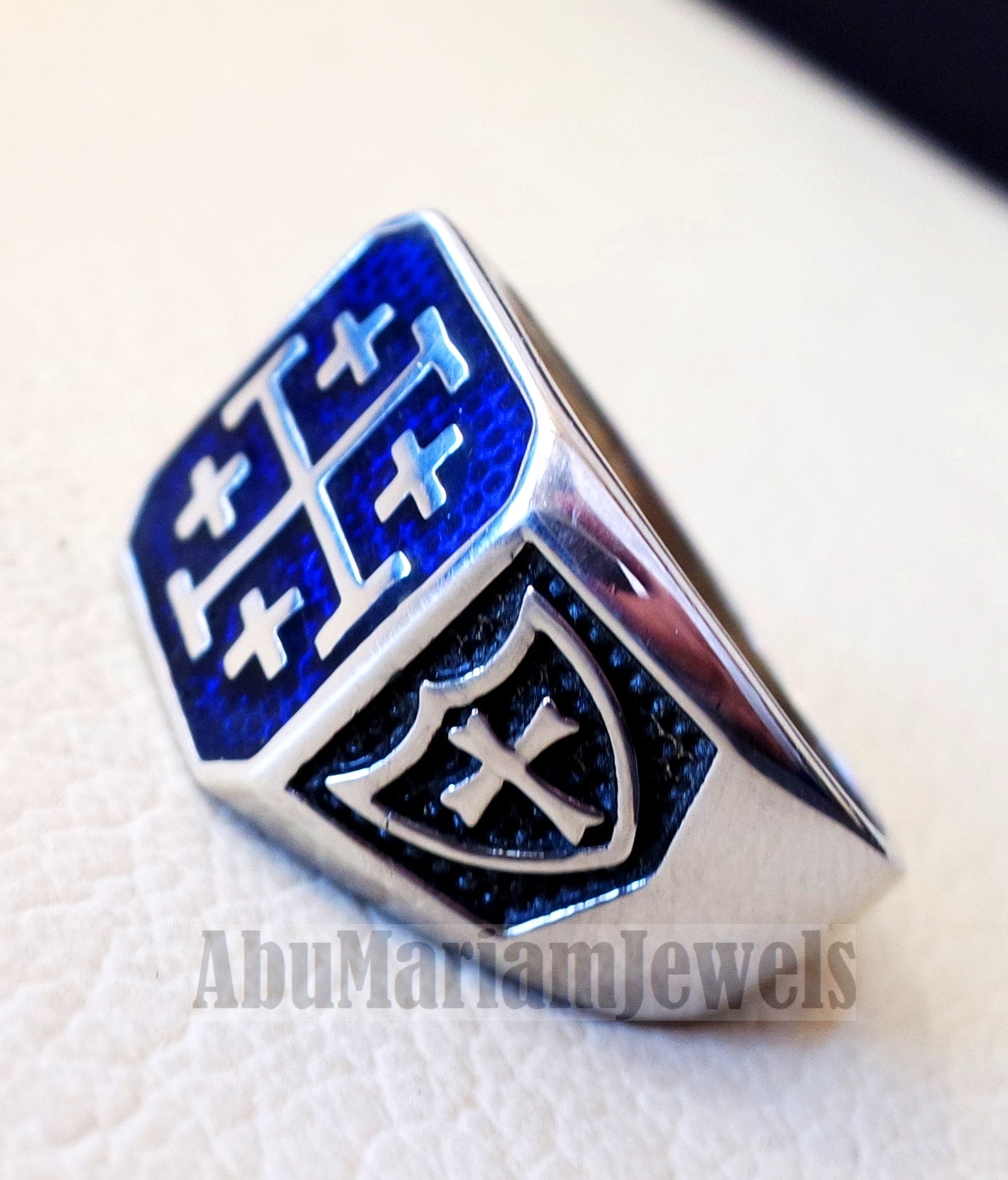 Jerusalem Cross ring christ christian symbol sterling silver 925 blue enamel man gift jewelry fast shipping square shape Catholic Orthodox