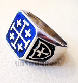 Jerusalem Cross ring christ christian symbol sterling silver 925 blue enamel man gift jewelry fast shipping square shape Catholic Orthodox