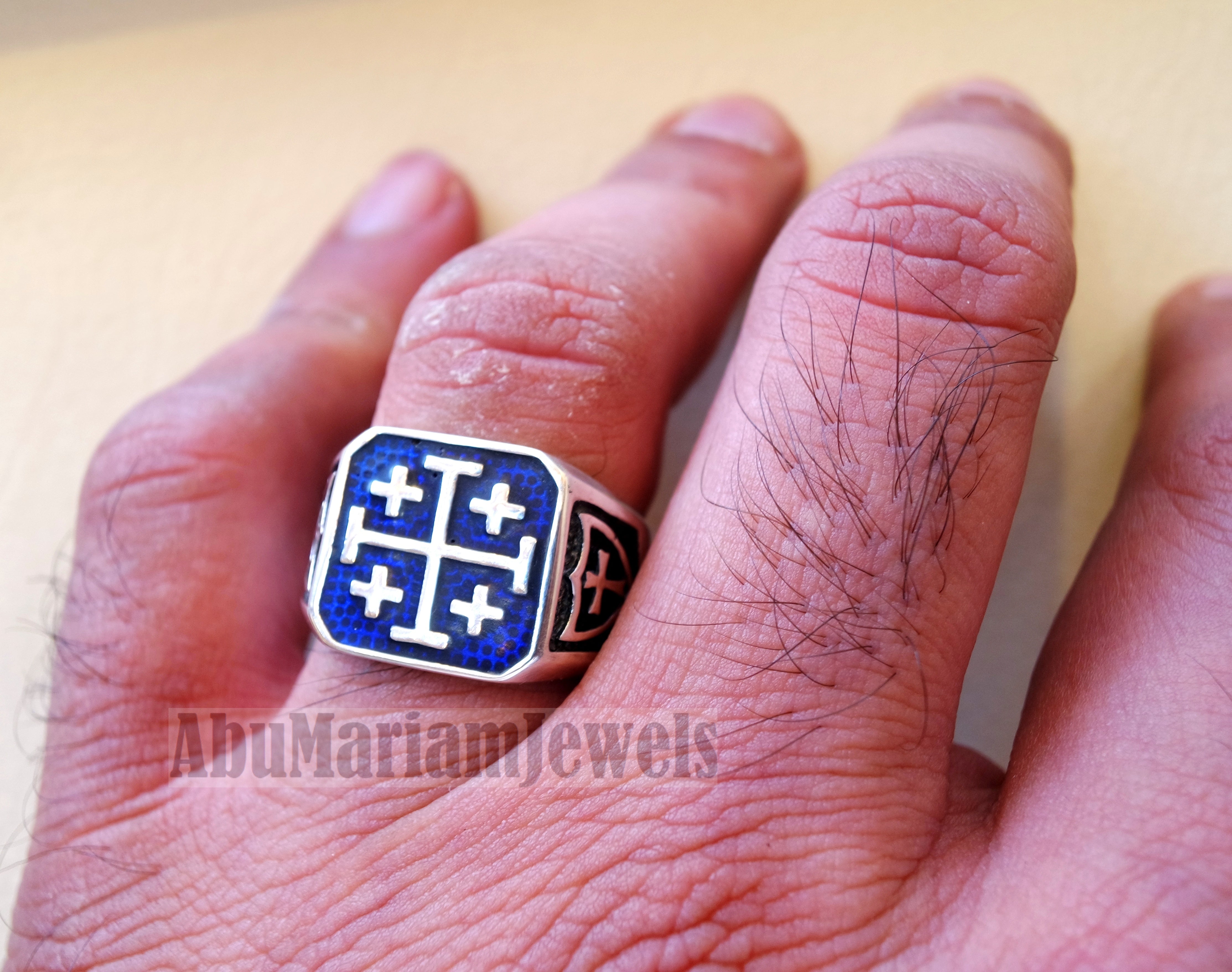Jerusalem Cross ring christ christian symbol sterling silver 925 blue enamel man gift jewelry fast shipping square shape Catholic Orthodox