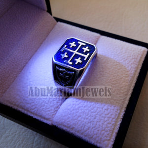 Jerusalem Cross ring christ christian symbol sterling silver 925 blue enamel man gift jewelry fast shipping square shape Catholic Orthodox