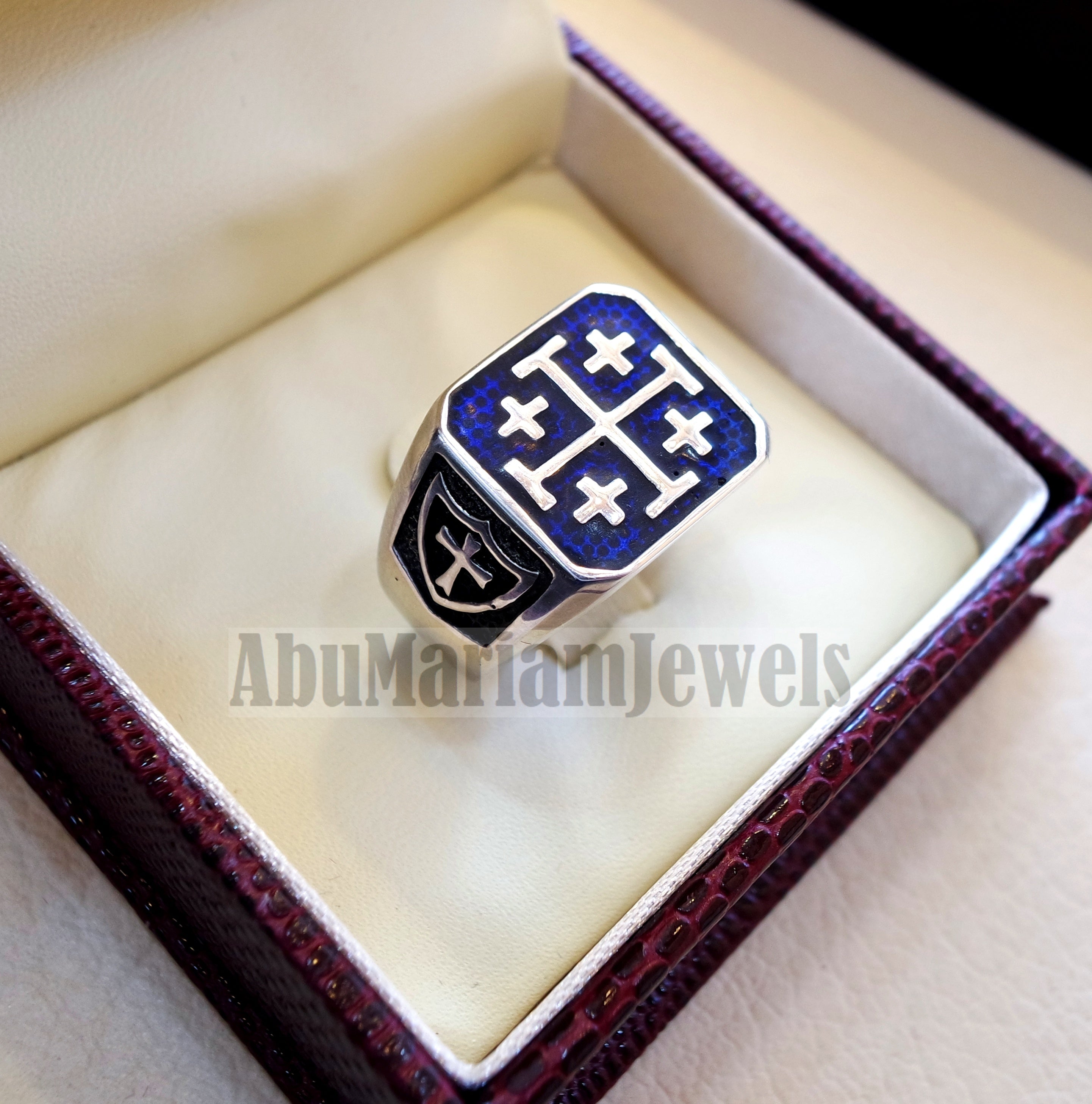 Jerusalem Cross ring christ christian symbol sterling silver 925 blue enamel man gift jewelry fast shipping square shape Catholic Orthodox