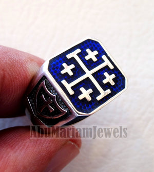 Jerusalem Cross ring christ christian symbol sterling silver 925 blue enamel man gift jewelry fast shipping square shape Catholic Orthodox