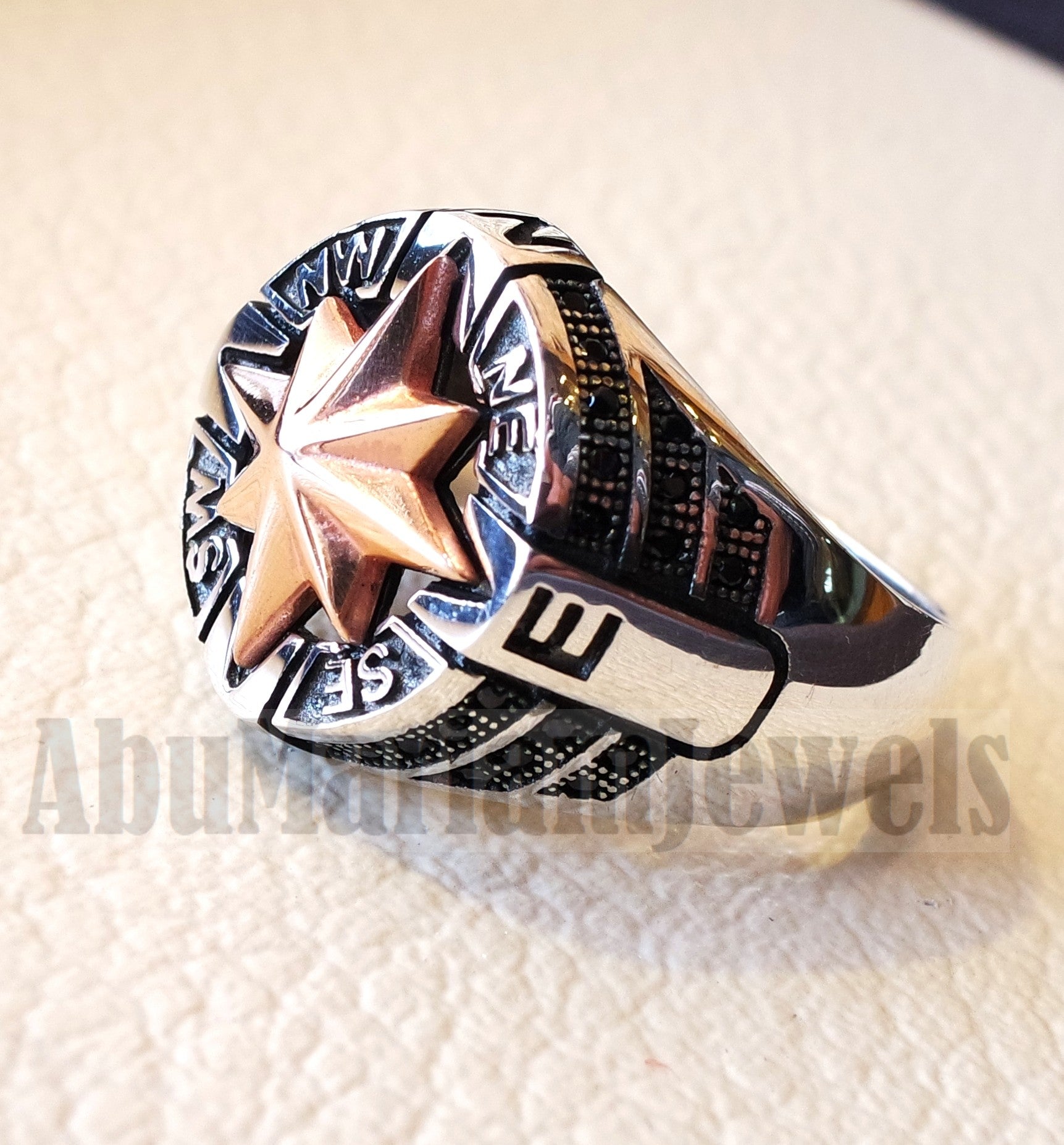 Compass ring sterling silver 925 and bronze and black cubic zirconia east west south north men ring all sizes fast shipping