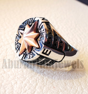 Compass ring sterling silver 925 and bronze and black cubic zirconia east west south north men ring all sizes fast shipping