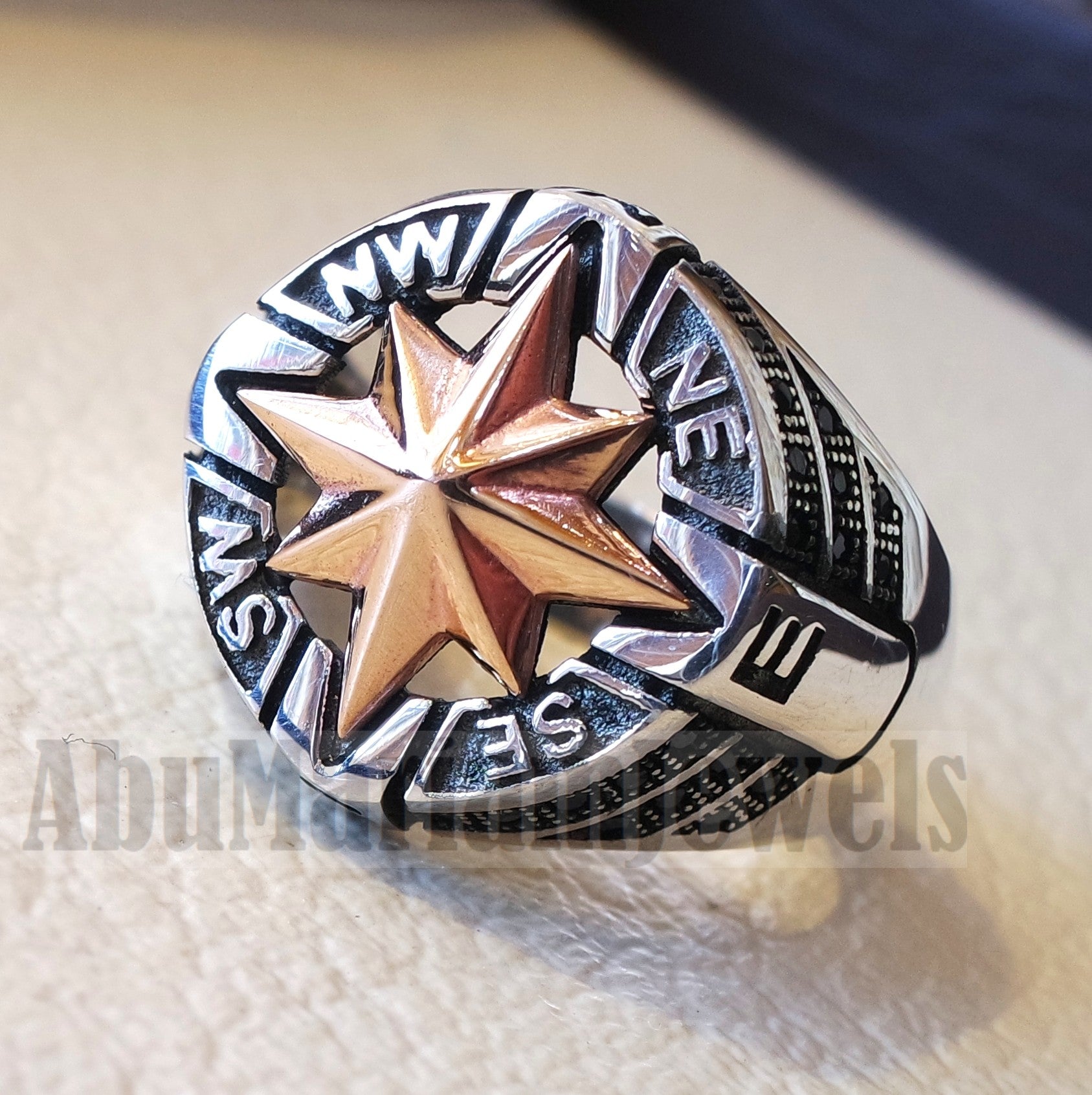Compass ring sterling silver 925 and bronze and black cubic zirconia east west south north men ring all sizes fast shipping
