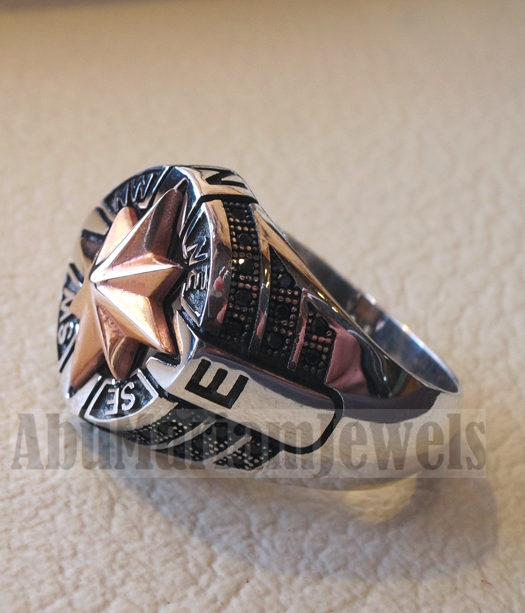 Compass ring sterling silver 925 and bronze and black cubic zirconia east west south north men ring all sizes fast shipping