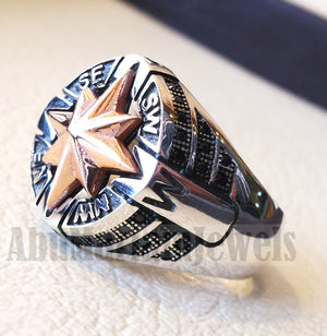 Compass ring sterling silver 925 and bronze and black cubic zirconia east west south north men ring all sizes fast shipping
