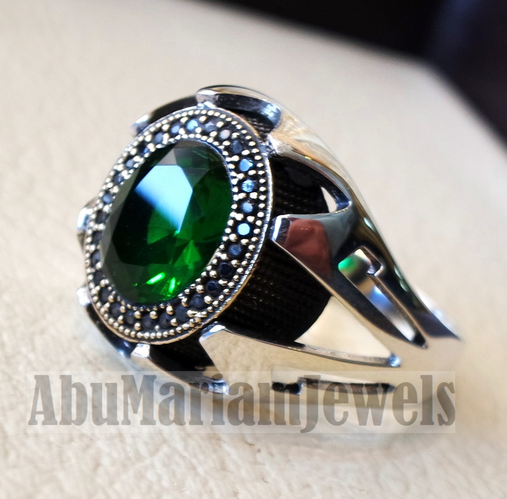 Green corundum identical to genuine emerald stone black cubic zircon on bronze frame stunning sterling silver 925 men ring all sizes