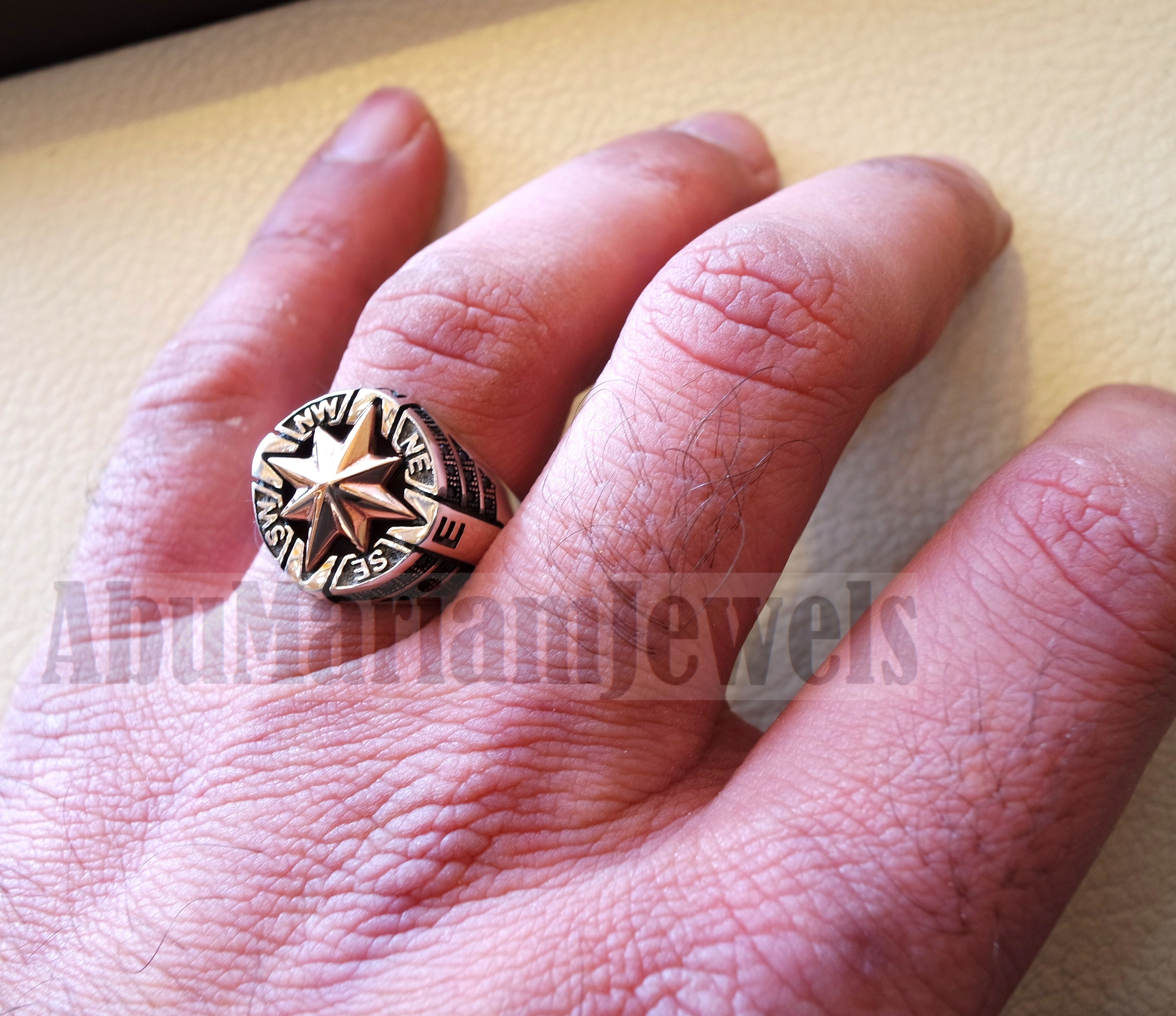 Compass ring sterling silver 925 and bronze and black cubic zirconia east west south north men ring all sizes fast shipping