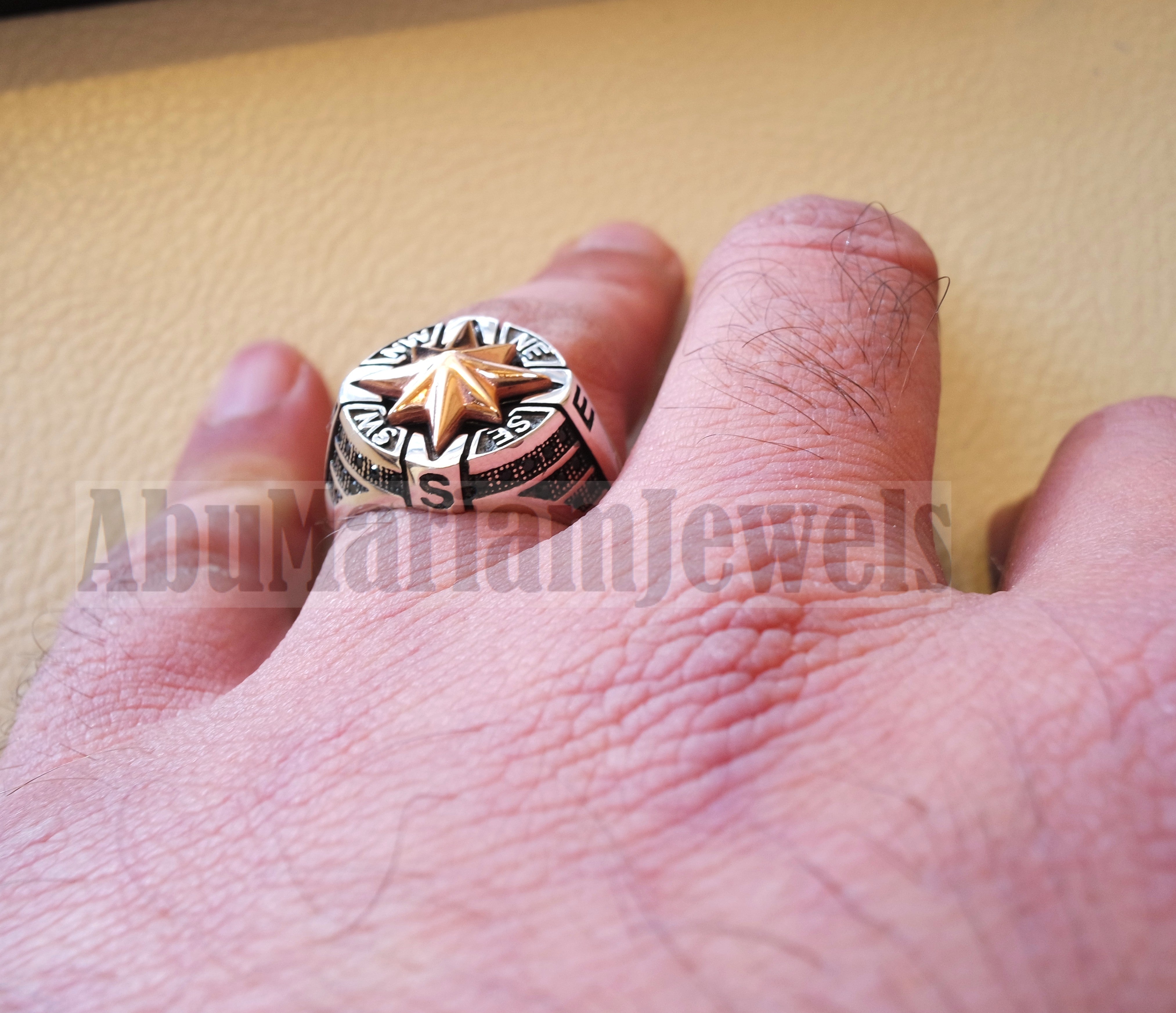 Compass ring sterling silver 925 and bronze and black cubic zirconia east west south north men ring all sizes fast shipping