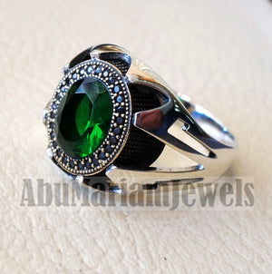 Green corundum identical to genuine emerald stone black cubic zircon on bronze frame stunning sterling silver 925 men ring all sizes