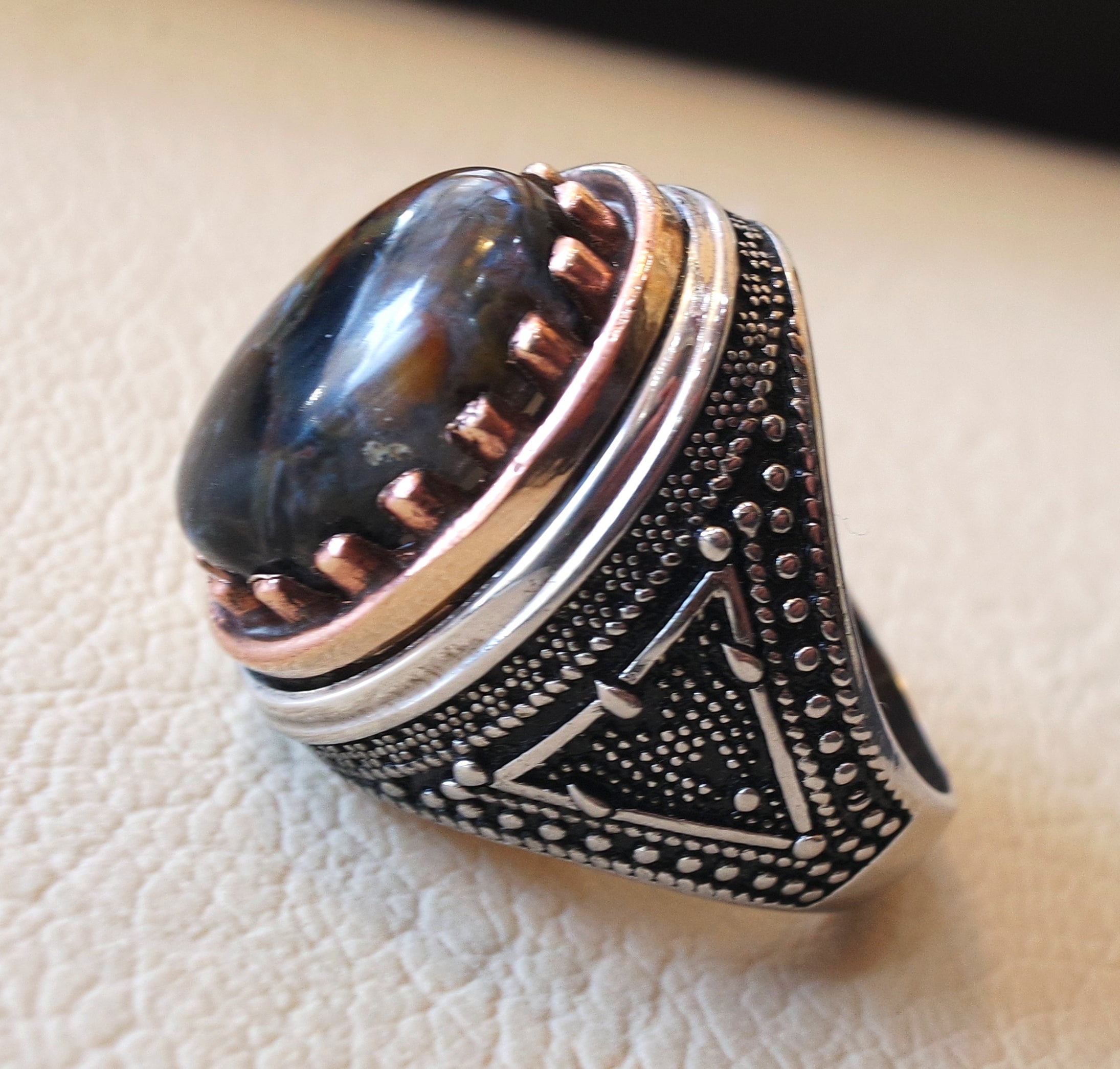 Man ring pietersite natural stunning tempest stone sterling silver 925 and bronze frame oval cabochon multi color gem all sizes jewelry
