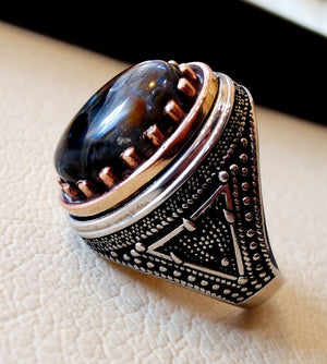 Man ring pietersite natural stunning tempest stone sterling silver 925 and bronze frame oval cabochon multi color gem all sizes jewelry
