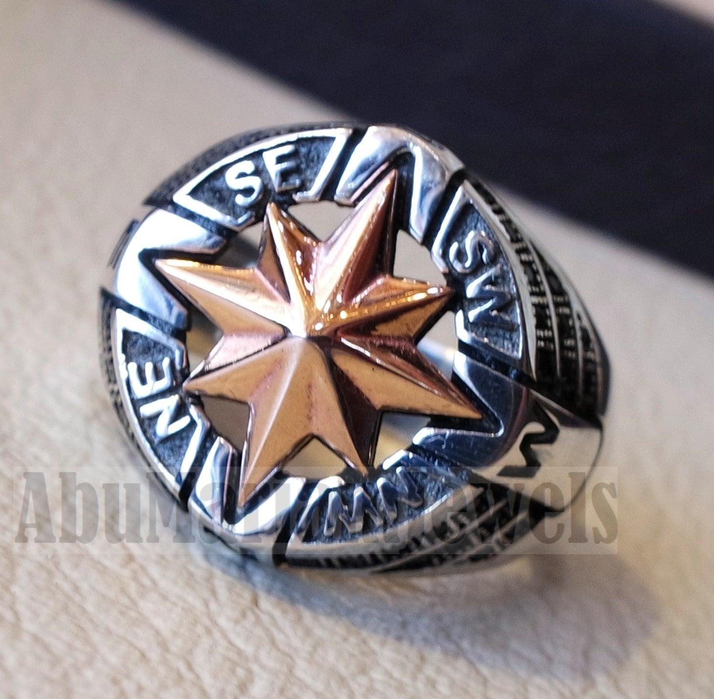 Compass ring sterling silver 925 and bronze and black cubic zirconia east west south north men ring all sizes fast shipping