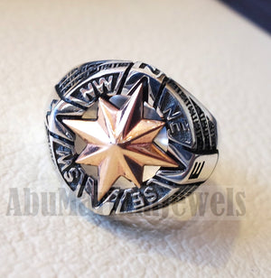 Compass ring sterling silver 925 and bronze and black cubic zirconia east west south north men ring all sizes fast shipping