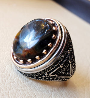 Man ring pietersite natural stunning tempest stone sterling silver 925 and bronze frame oval cabochon multi color gem all sizes jewelry