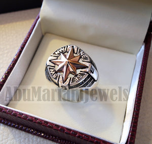 Compass ring sterling silver 925 and bronze and black cubic zirconia east west south north men ring all sizes fast shipping