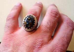 Man ring pietersite natural stunning tempest stone sterling silver 925 and bronze frame oval cabochon multi color gem all sizes jewelry