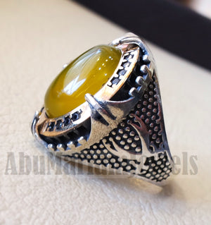 Two swords men ring sterling silver 925 Yellow onyx agate natural stone bronze frame and black cubic zirconia stones all sizes heavy jewelry