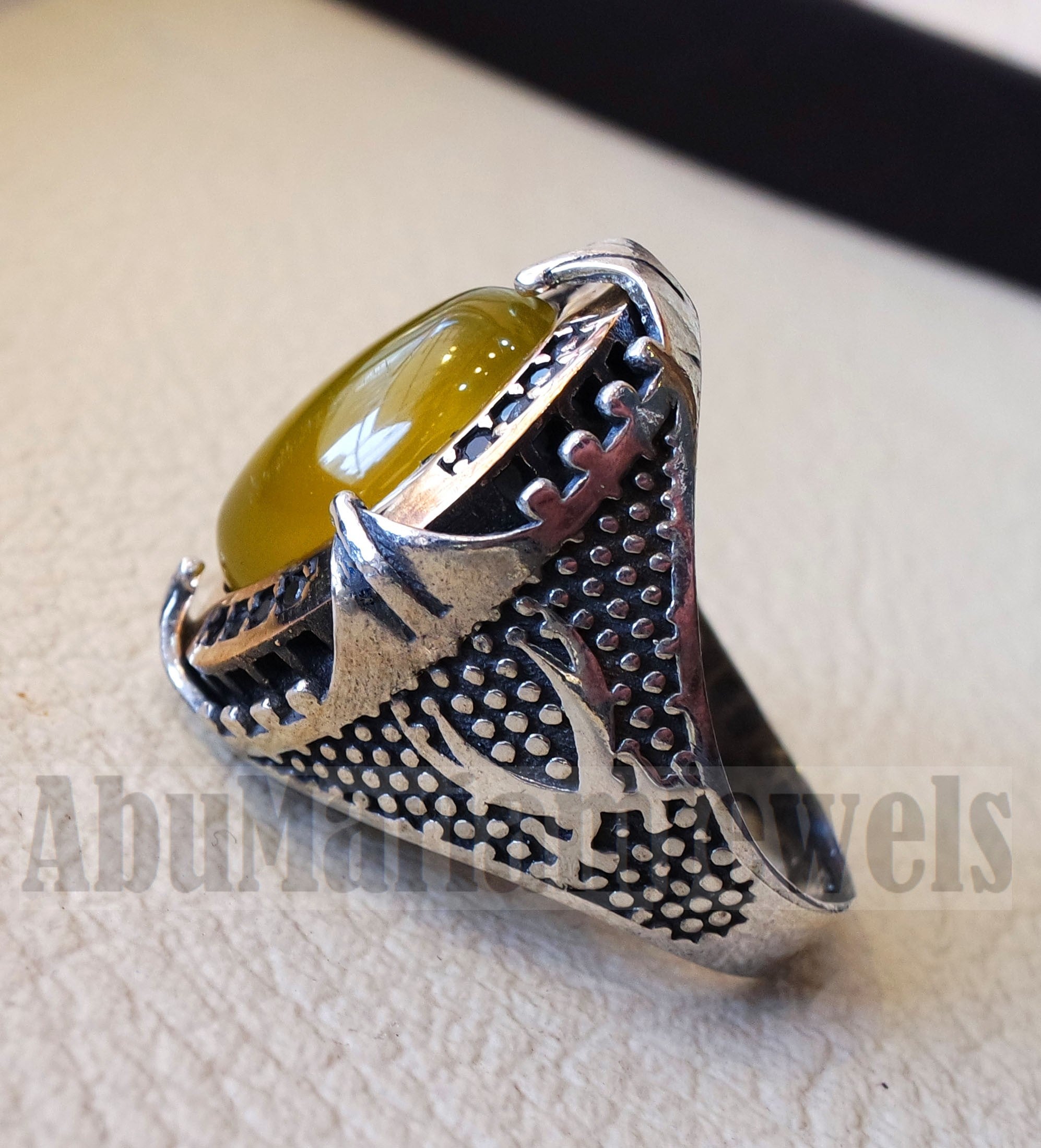 Two swords men ring sterling silver 925 Yellow onyx agate natural stone bronze frame and black cubic zirconia stones all sizes heavy jewelry